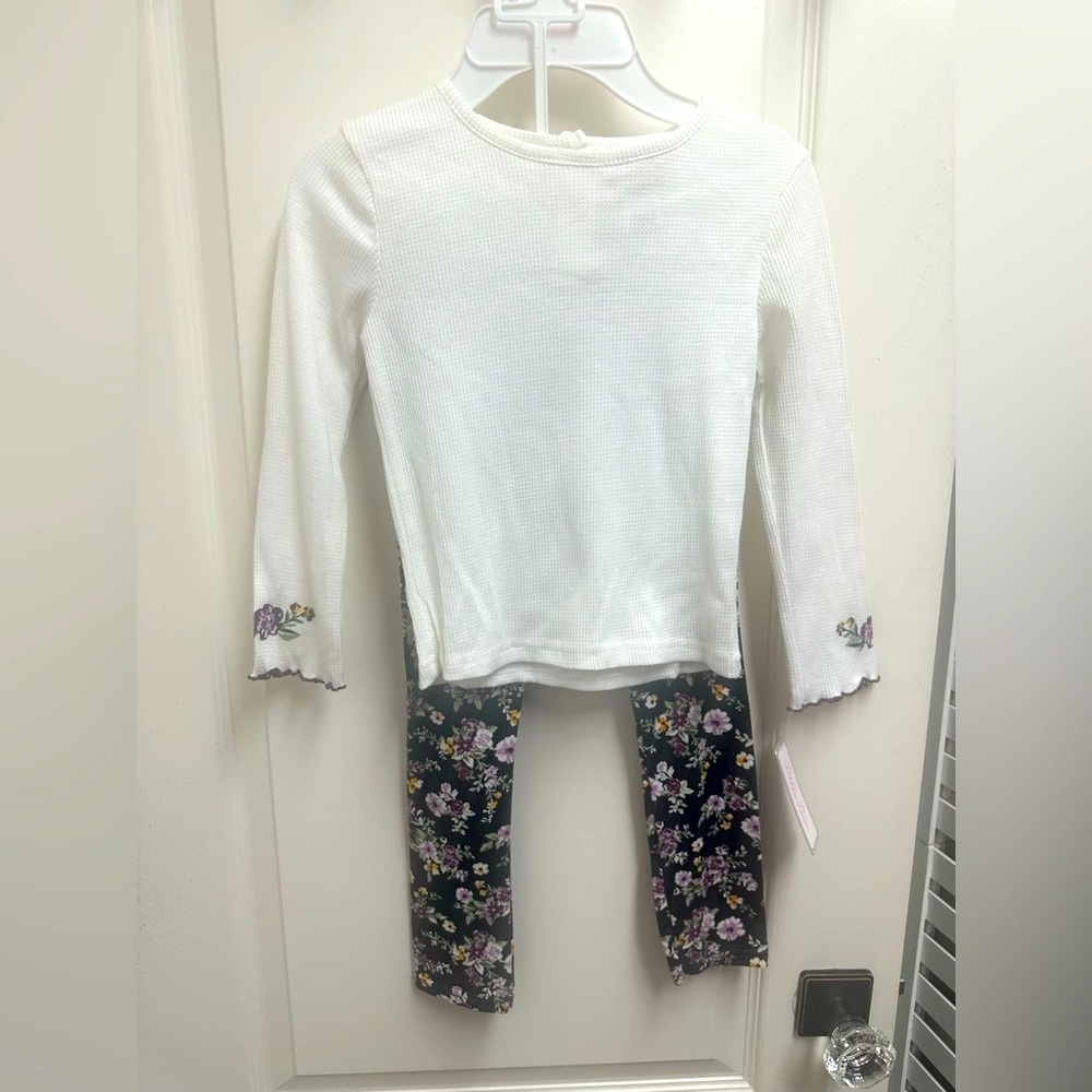 Girls While Waffle Knit Floral Long Sleeve Top and Black Floral Leggings Set